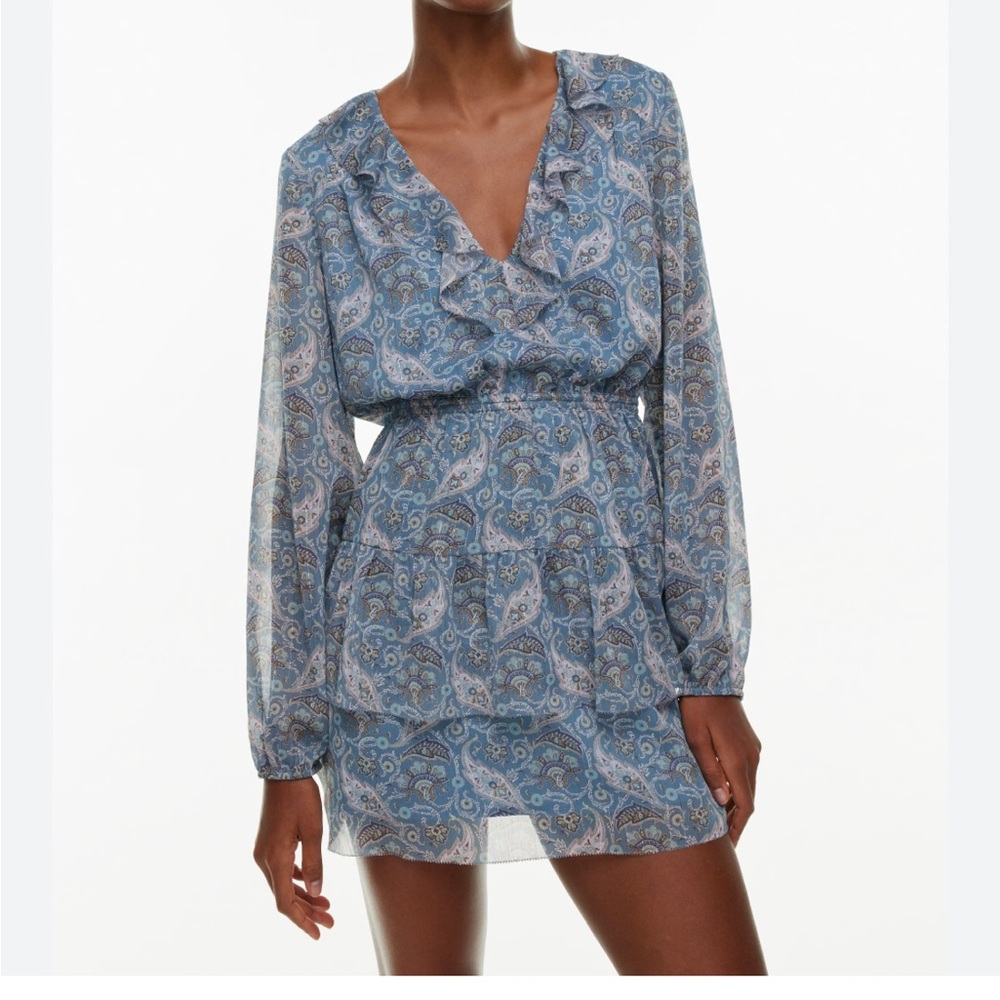 Little Moon Aritzia Lido Blue Paisley Ruffle Long Sleeve Tiered Mini Dress